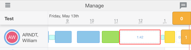 This figure shows the Manage (time-view) screen with idle time, represented as gaps rather than color-coded blocks