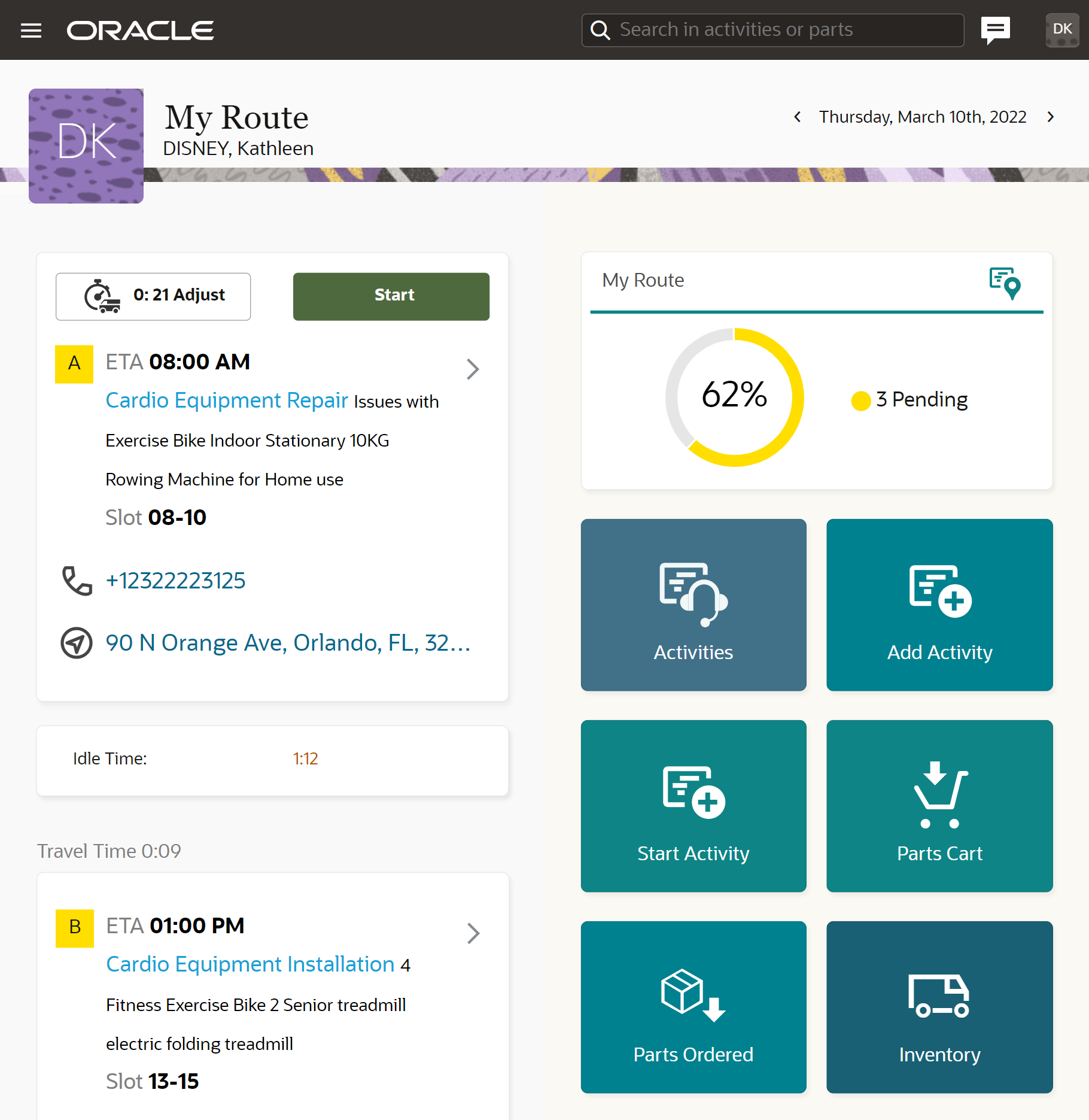 This screenshot shows the My Route page as the landing page for a mobile worker.