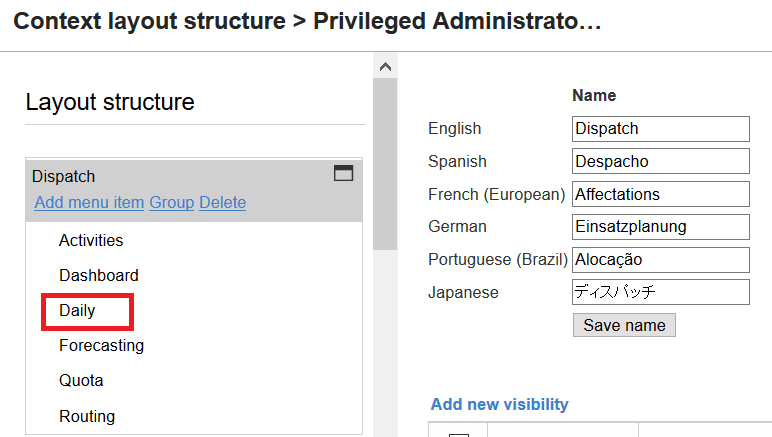 This screenshot shows the hamburger menu with action items configured for the Activity List Context layout.