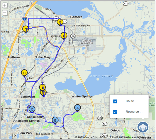 This screenshot shows the layers on a map. Layers can include routes and resource locations, as well as demographic information such as population density, and the locations of gas stations, pipelines, and other geographical entities. Each layer is represented by a color-coded circle, which depicts a location; a blue line, which depicts a route; or a colored shape, which depicts demographic information.