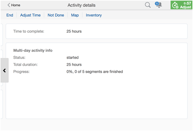 This screenshot shows the Activity details page with segmentable activity started, and the Progress field indicating the progress of the segmentable activity performance, both in percentage and the number of segments.