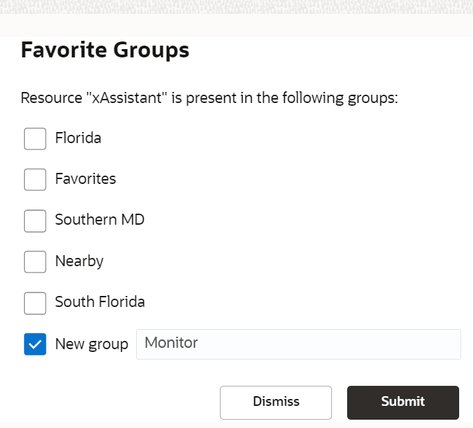 This screenshot shows the Favorite Groups dialog box, where you can add a new Favorite group.