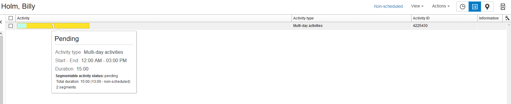 This screenshot shows a non-scheduled segmentable activity. Here, the number of segments is zero.