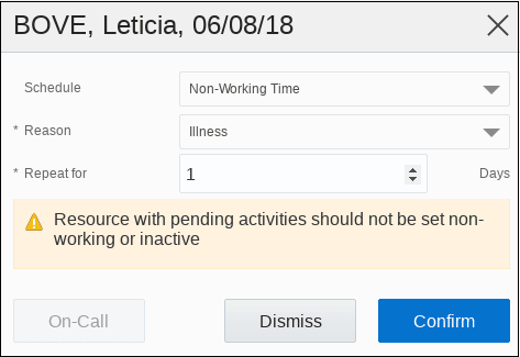 This screenshot shows the dialog box on which you can schedule the non-working time to a resource.