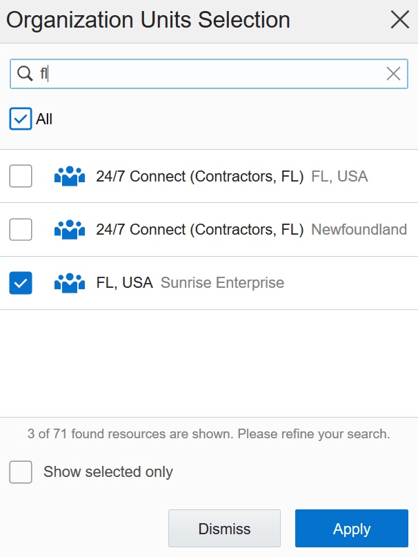 This screenshot shows the Organization Units Selection dialog box, where you can select an organization unit or a bucket.