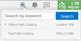 This screenshot shows the Parts Catalog search window, from which you can search by keyword. It also includes a percentage indicator that changes as the catalog download progresses, and a cache indicator, which indicates how much memory is being consumed.