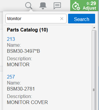 This screenshot shows the Parts Catalog search results, including part number, name, and description