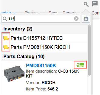 Parts Catalog after inventory search