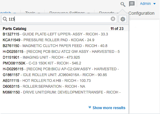 This image shows Parts Catalog search results window, which shows the list of item models