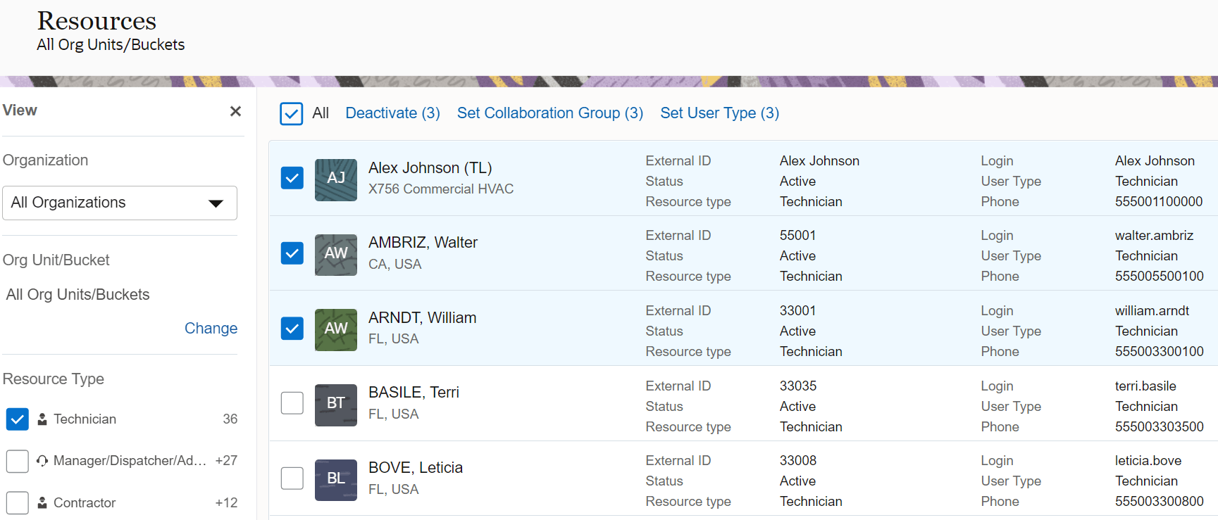 This screenshot shows the Resources page as displayed on a desktop. It shows multiple resources selected and the activate, deactivate, delete, set collaboration group, and unlock options displayed at the top.