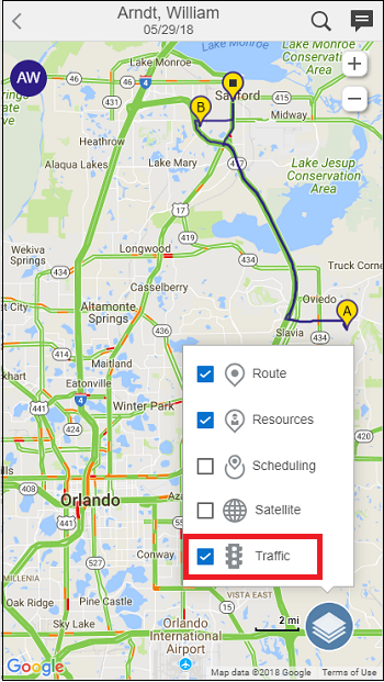 This figure shows the Traffic Layer option selected in the Route Map