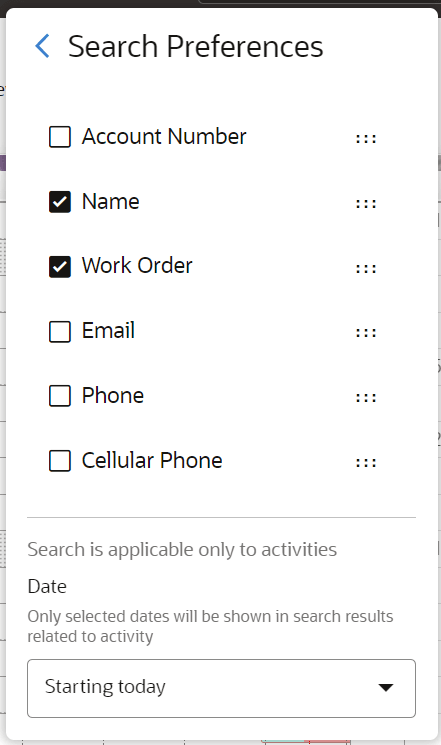 This screenshot shows the Search preferences dialog, where you select the categories based on which activities are searched.