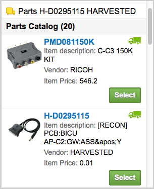 Select button in Parts Catalog