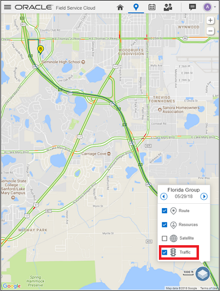 This figure shows the Traffic Layer option selected in the Team Map