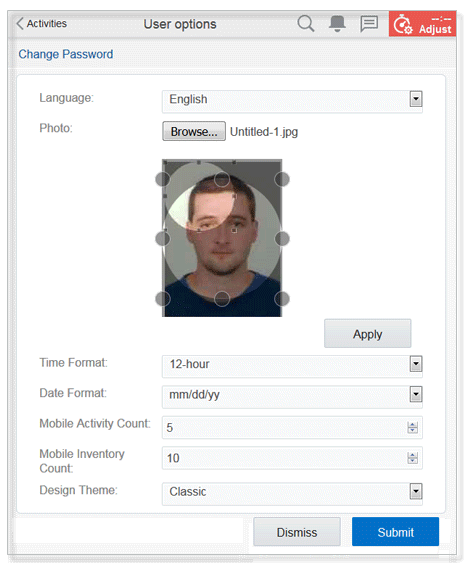 This screenshot shows the User Options page where you can upload the user’s photo.