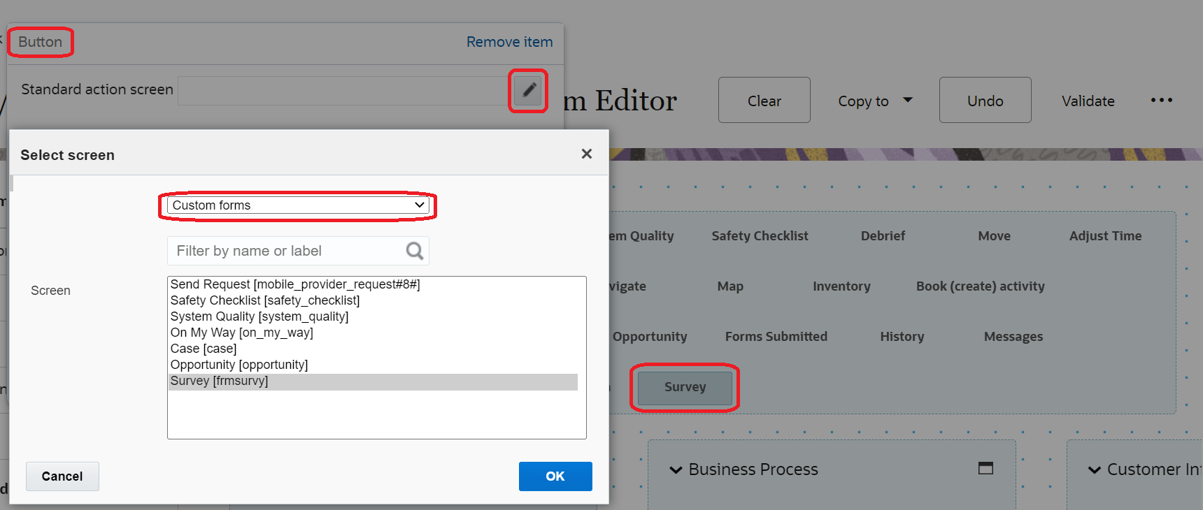 This screenshot shows a Form being added to the Edit/view activity context layout.
