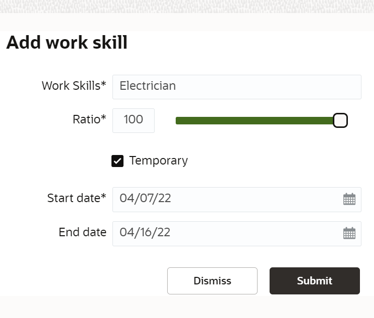 This screenshot shows how to add a temporary work skill in the Add work skill dialog box.