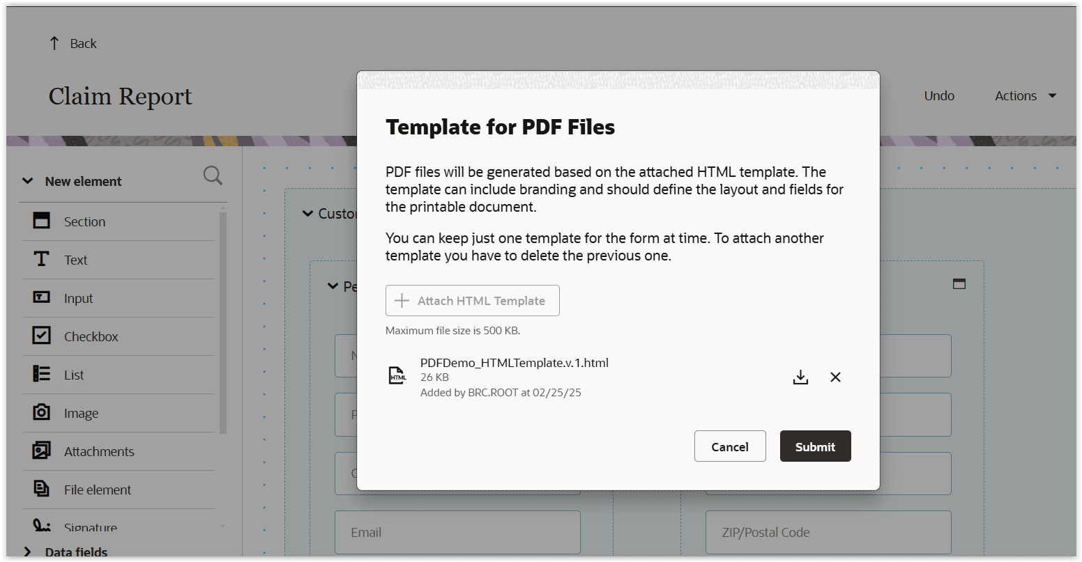 The screenshot shows HTML Template for PDF Generation.
