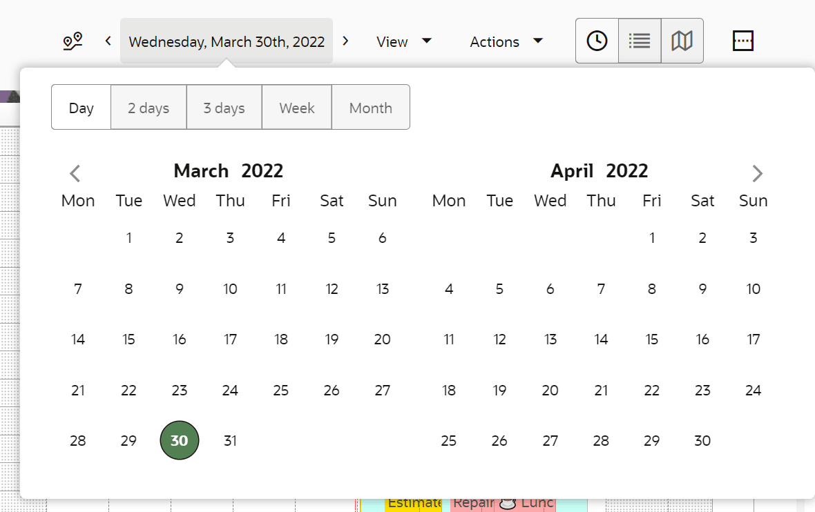 This screenshot shows the calendar options in the Dispatch Console with the current date highlighted.