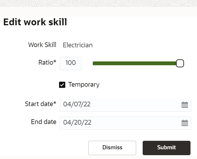 This screenshot shows the Edit work skills dialog box, where you can edit an existing skill of the selected resource.