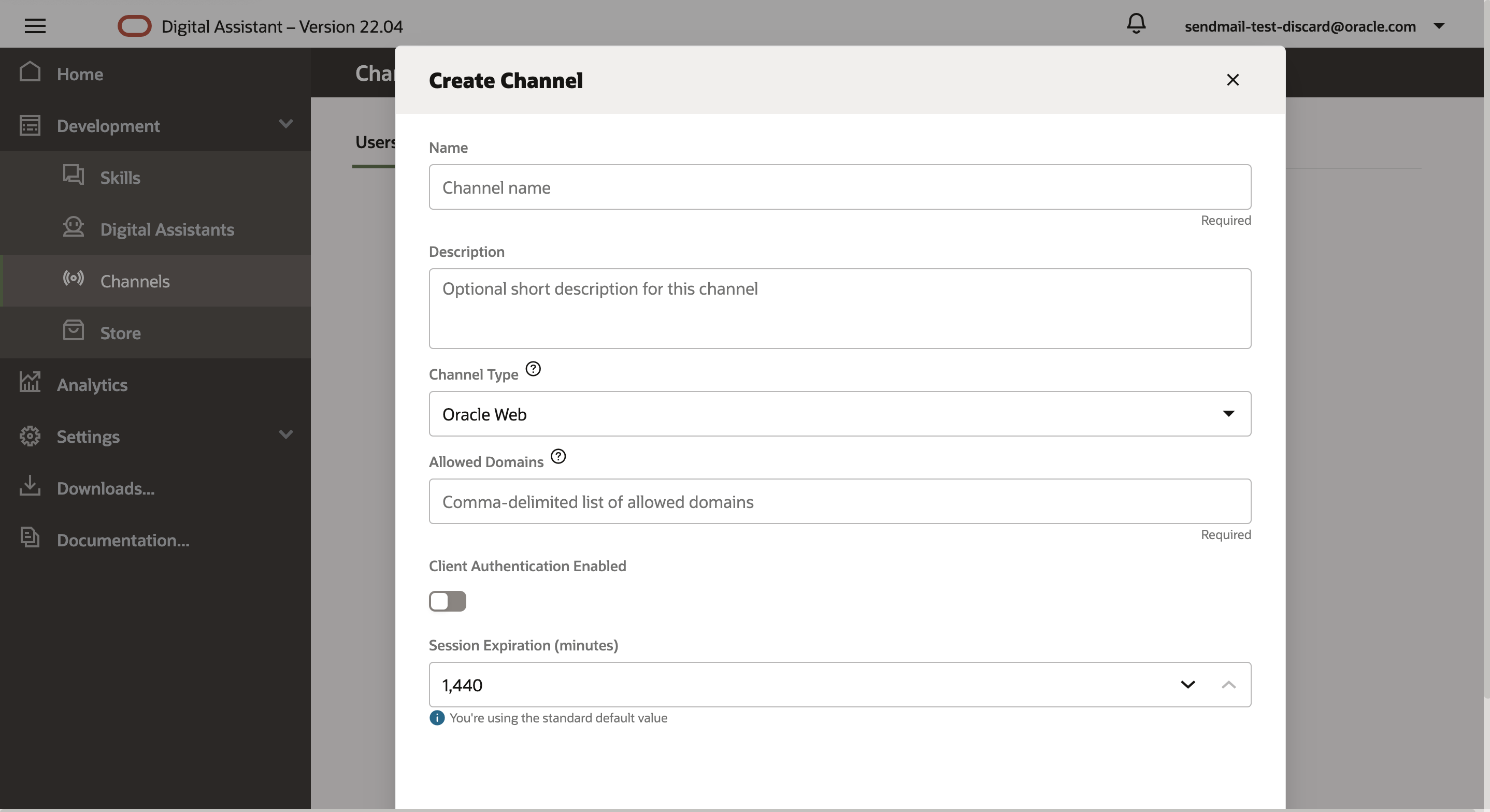 This screenshot shows the Create Channel page in the Oracle Digital Assistant.