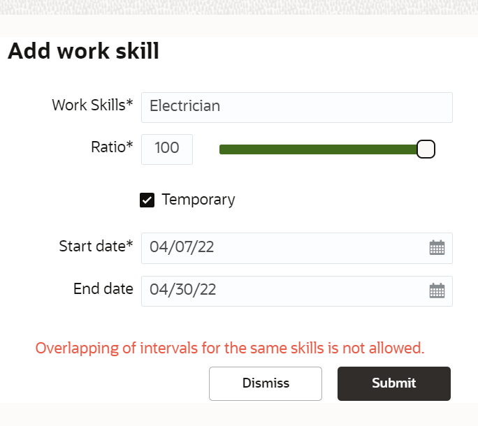 This screenshot shows an error message on the Add work skill dialog box, when you try to add the same work skill with overlapping intervals.