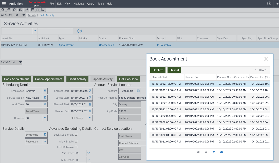 This screenshot shows the Book Appointment dialog box in Siebel CRM.