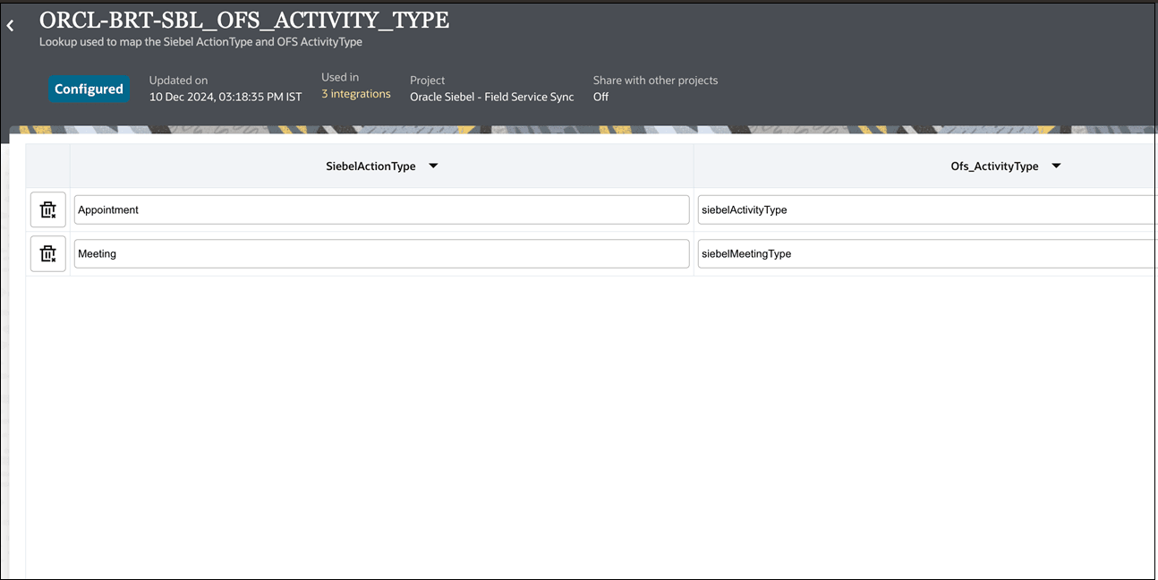 Lookup page for the Siebel CRM-Oracle Field Service Accelerator