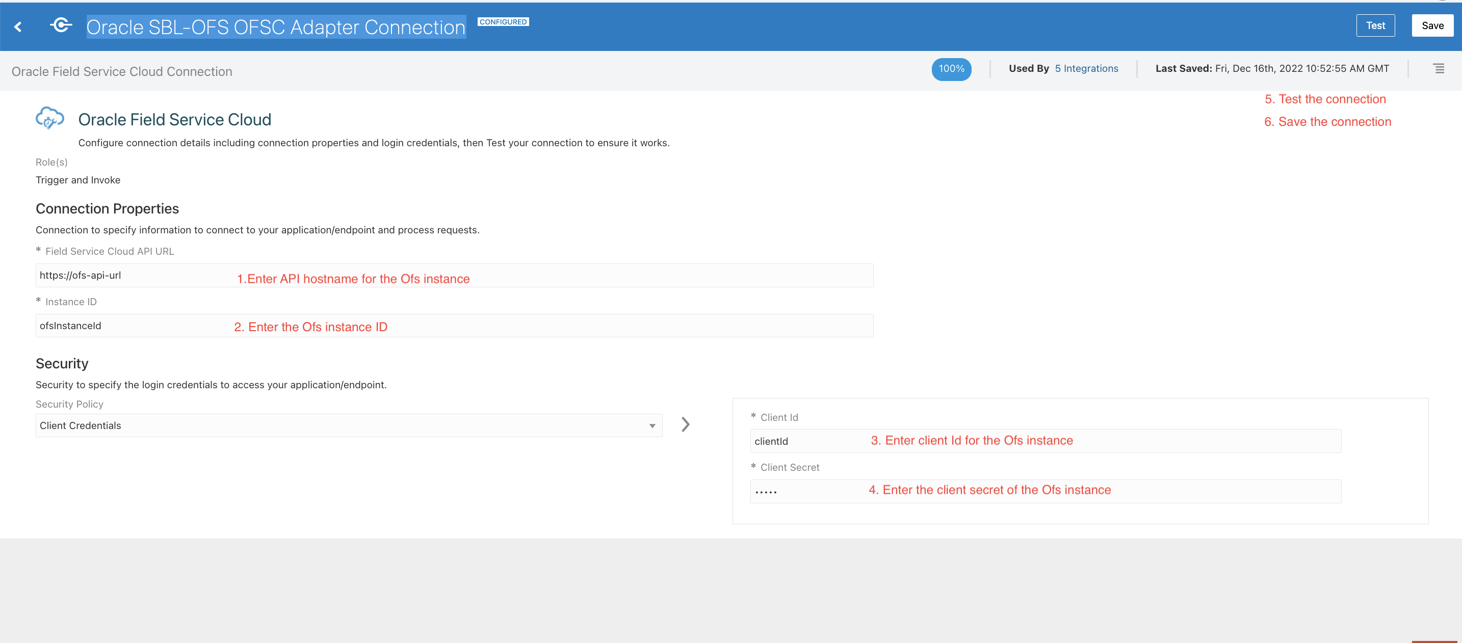 This screenshot shows the configuration steps for Oracle SBL-OFS OFSC Adapter Connection.
