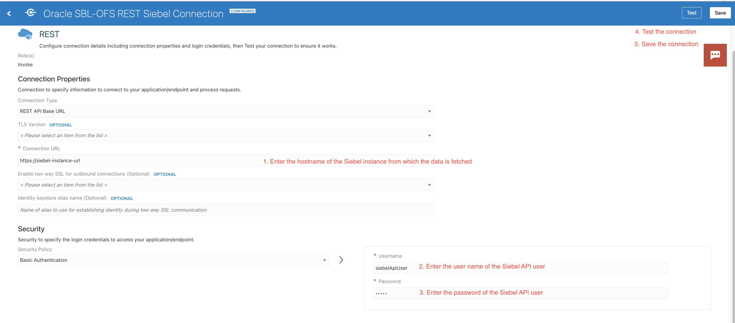 This screenshot shows the configuration steps for Oracle SBL-OFS REST Siebel Connection.