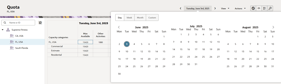 This figure shows Quota screen containing a calendar, from which you select different options to view the quota.