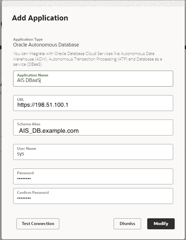 This screenshot shows the Add Application dialog box for an Oracle Autonomous Database application.