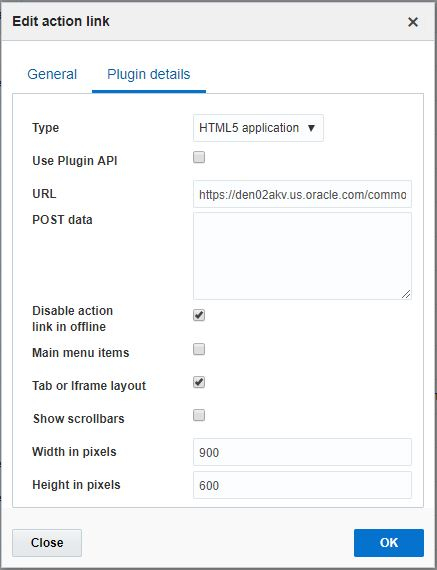This screenshot shows the Edit Action Link dialog box with Plugin details tab options.