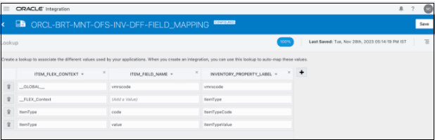 This screenshot shows a sample mapping for ORCL-BRT-INV-OFS-INV-DFF-FIELD_MAPPING