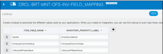 This screenshot shows a sample mapping for ORCL-BRT-INV-OFS-INV-FIELD_MAPPING