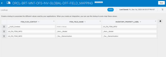 This screenshot shows a sample mapping for ORCL-BRT-INV-OFS-INV-GLOBAL-DFF-FIELD_MAPPING