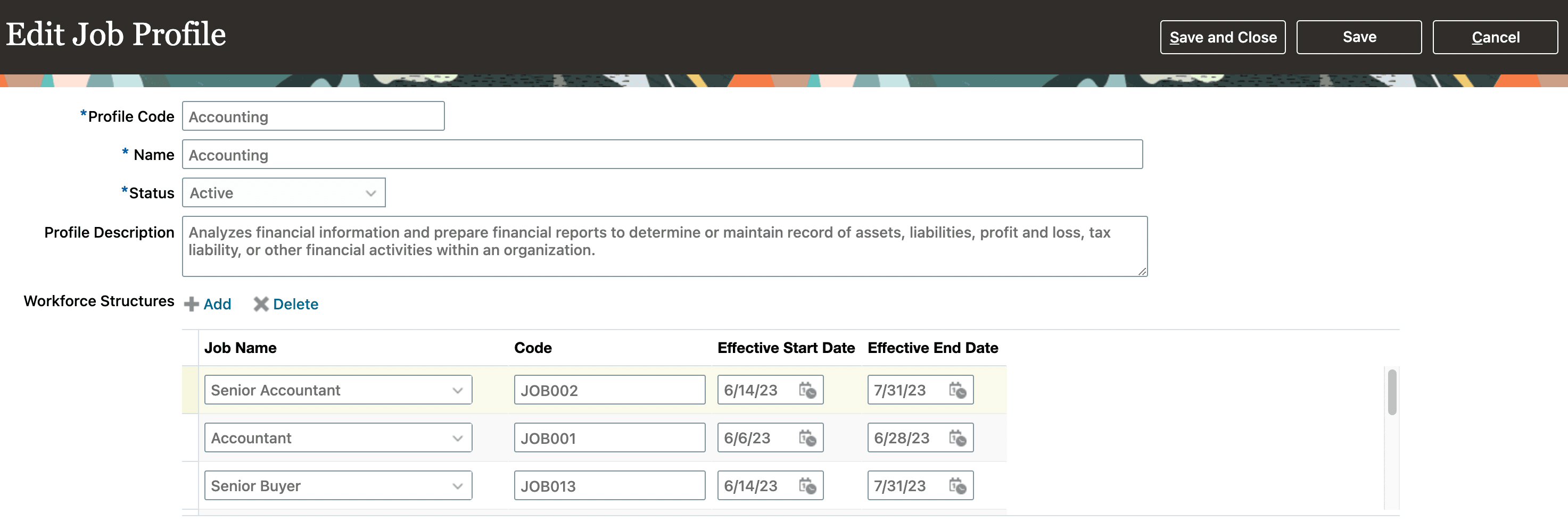 This screenshot shows the Edit Job Profile page in Oracle HCM Cloud.