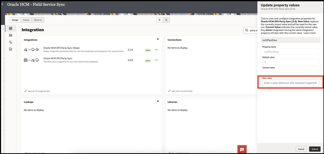 This screenshot displays the HCM Field Service sync.