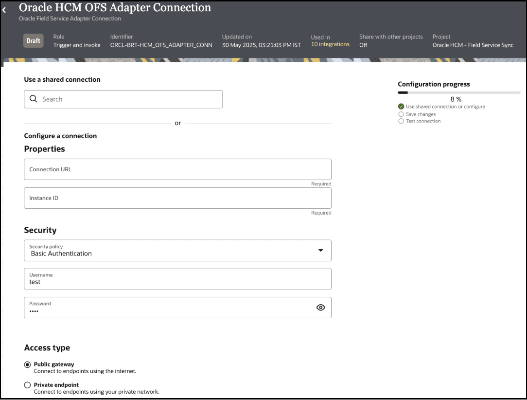 The screenshot describes creating OFS Adapter connection.