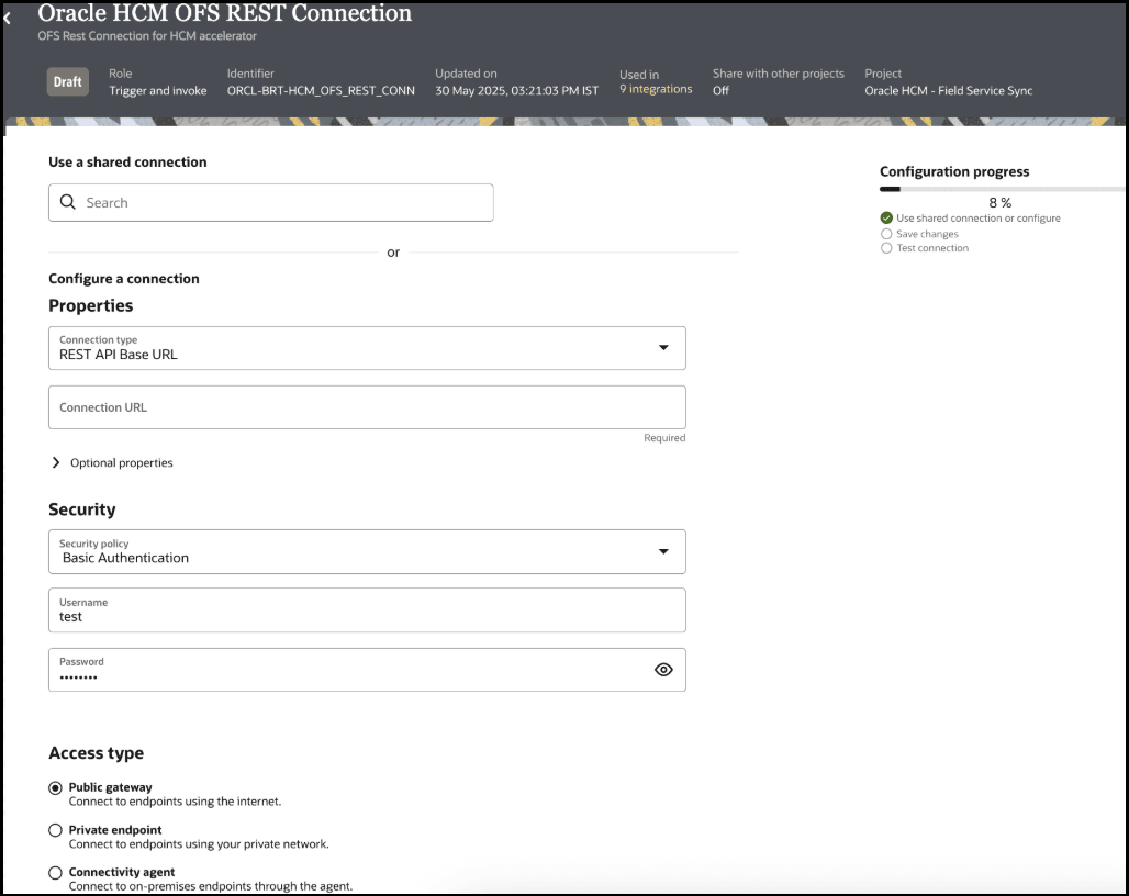 The screenshot describes creating OFS Fusion REST connection.