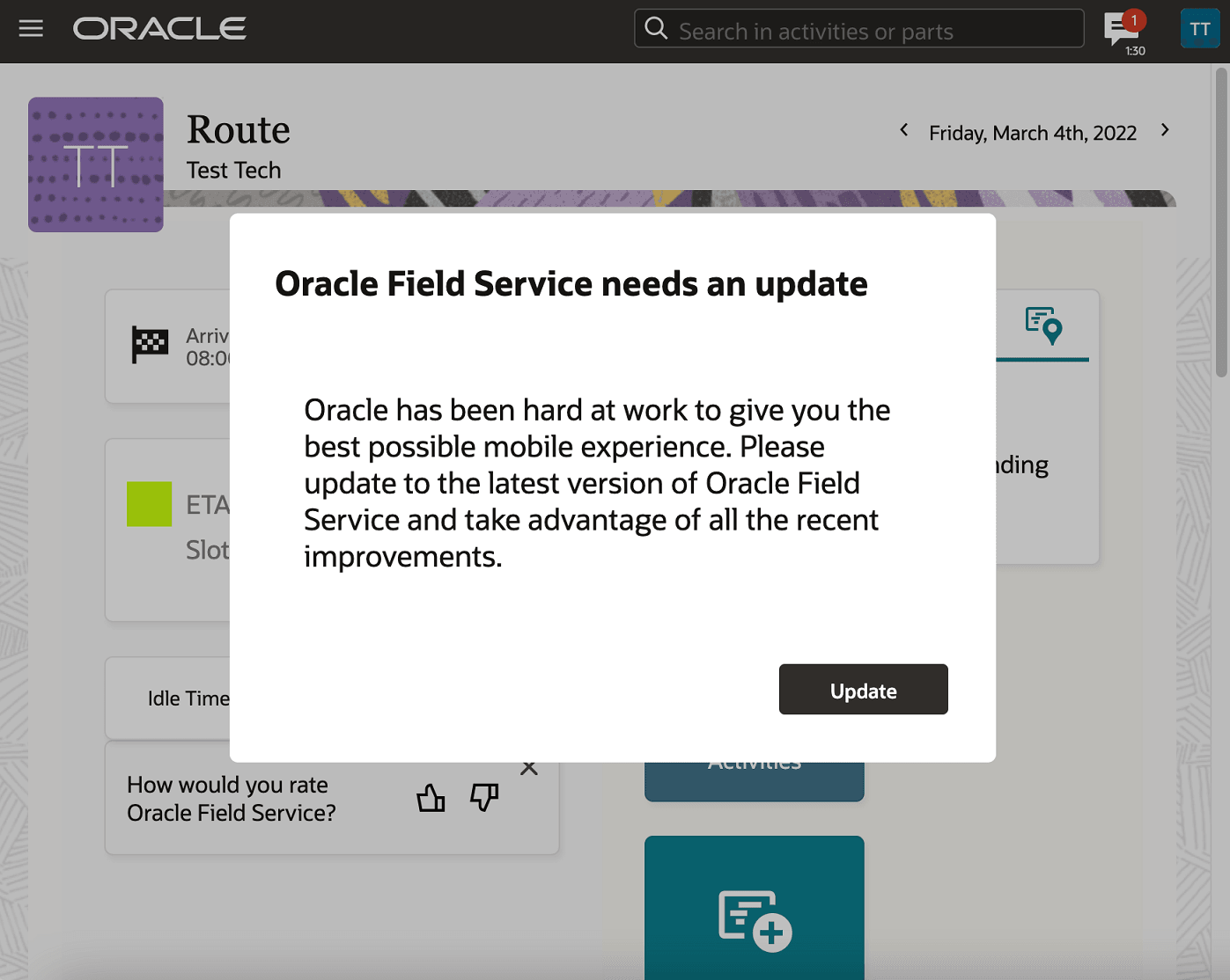 This screenshot shows the upgrade notification displayed on tablets and iPADs.