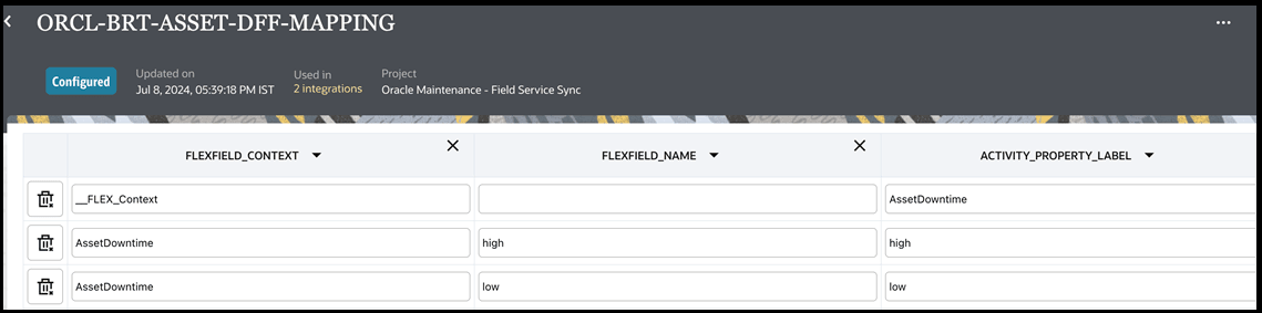 The screenshot shows the sample mapping for ORCL-BRT-WO-OP-RES-DFF-MAPPING lookup.