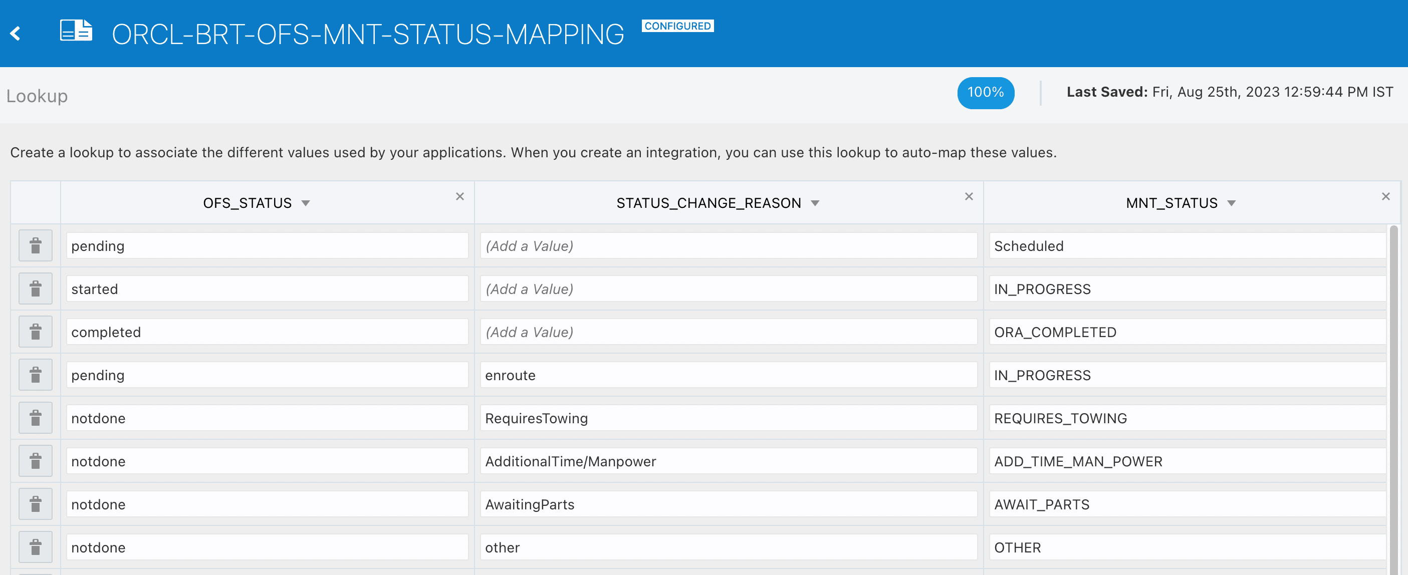 The screenshot shows the Sample Mapping for ORCL-BRT-OFS-MNT-STATUS-MAPPING lookup.