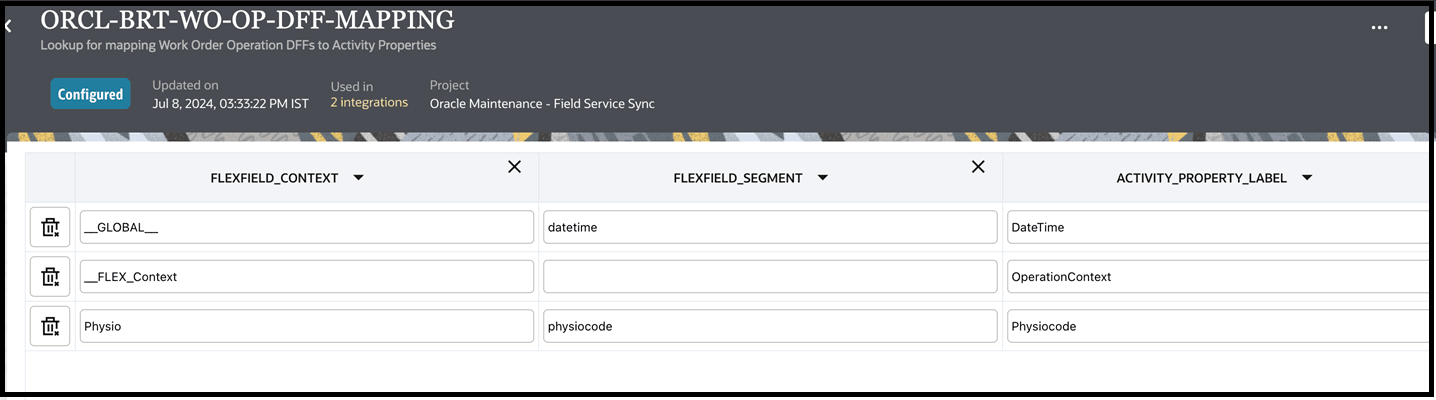 The screenshot shows the Sample Mapping for ORCL-BRT-WO-OP-DFF-MAPPING lookup.