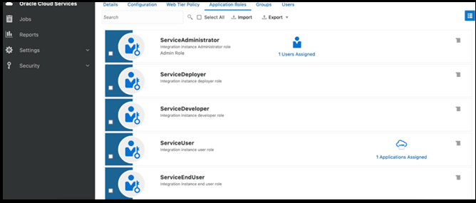 The screenshot describes the Application Roles that must be assigned to get the right access to the OIC Factory API.