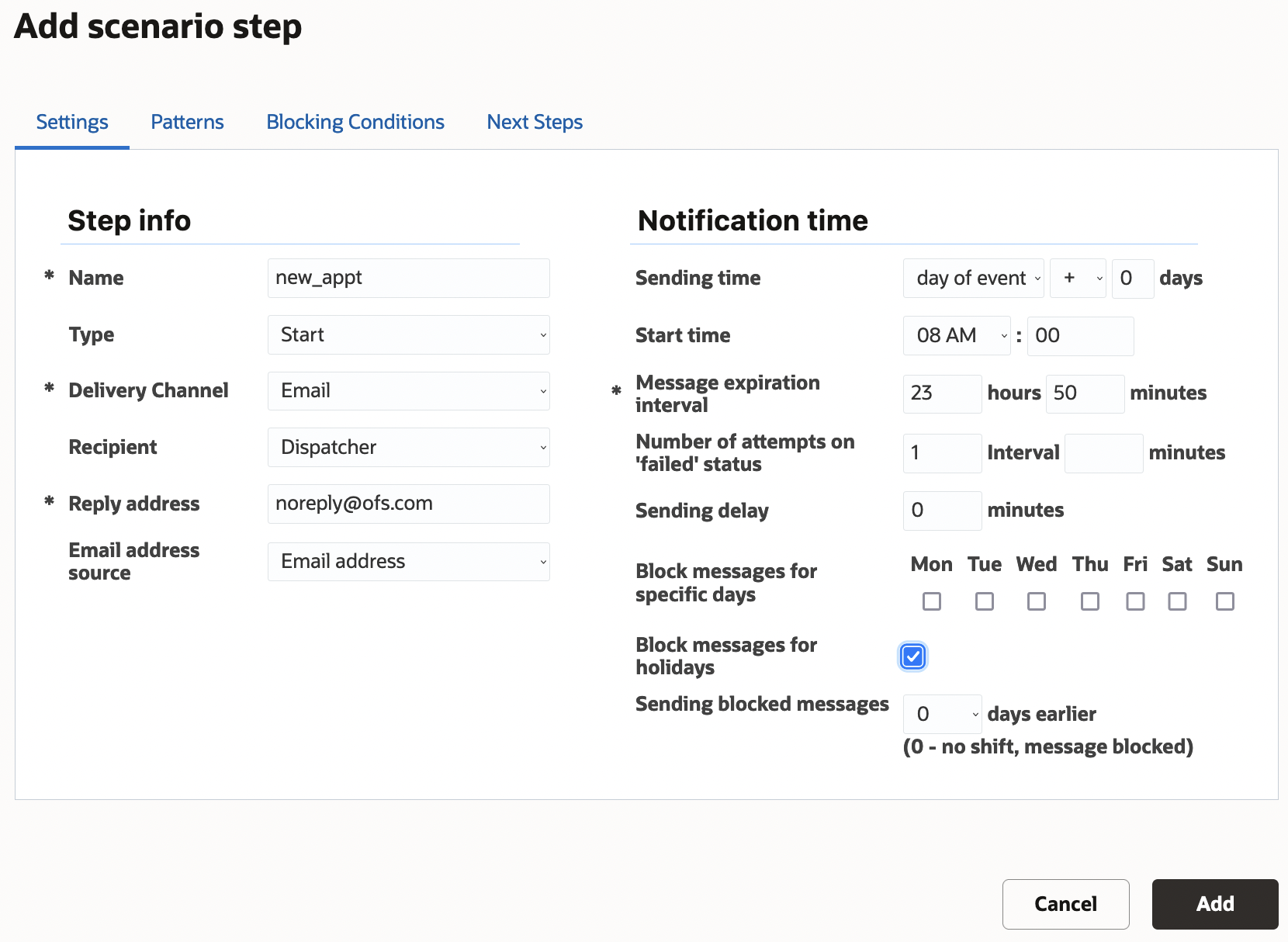 This screenshot shows the Add scenario step dialog box with the Settings, Patterns, Blocking Conditions, and Next Steps tabs.