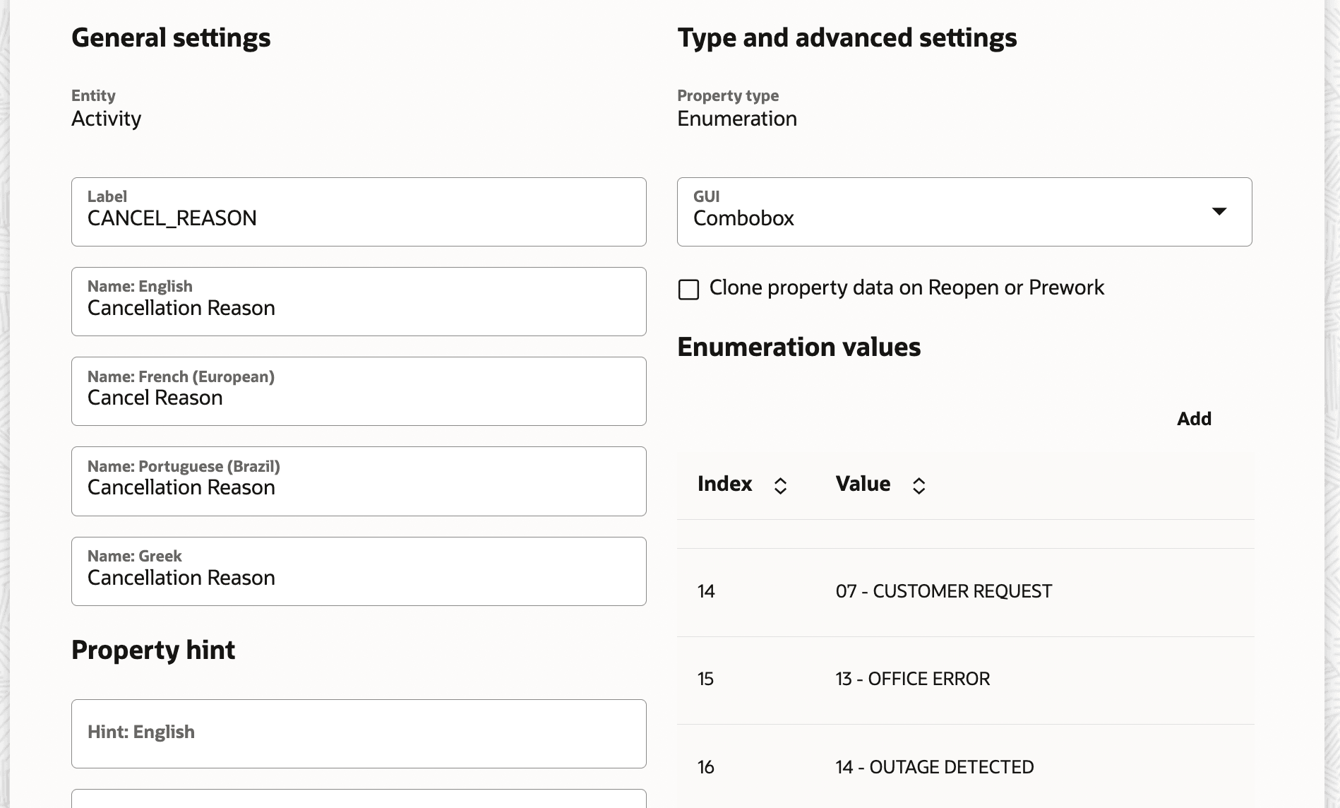 This screenshot sows the Enumeration values for the CANCEL_REASON property.