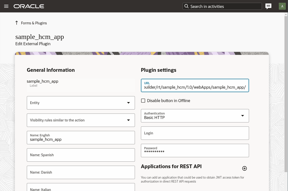 This screenshot shows the External Plugin application configuration.
