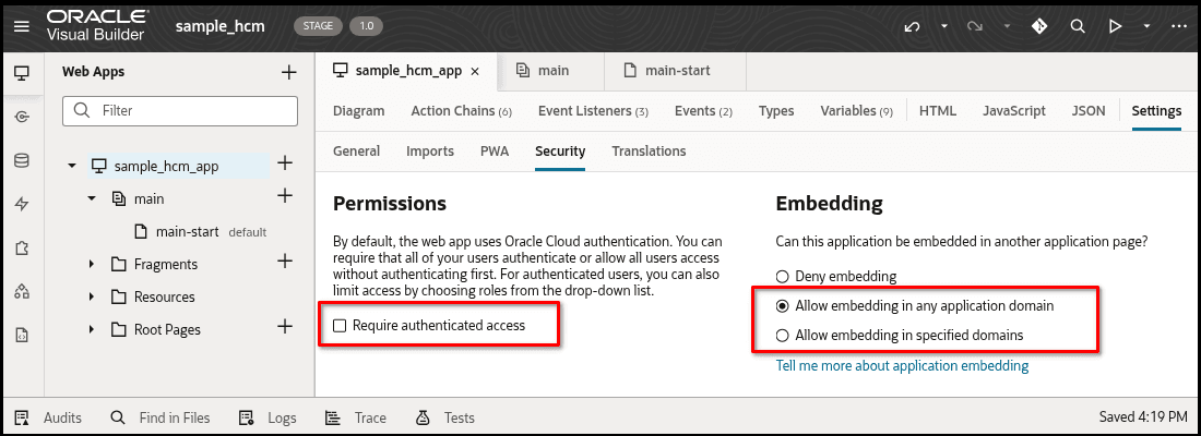 This screenshot shows the VBCS application security settings screen.