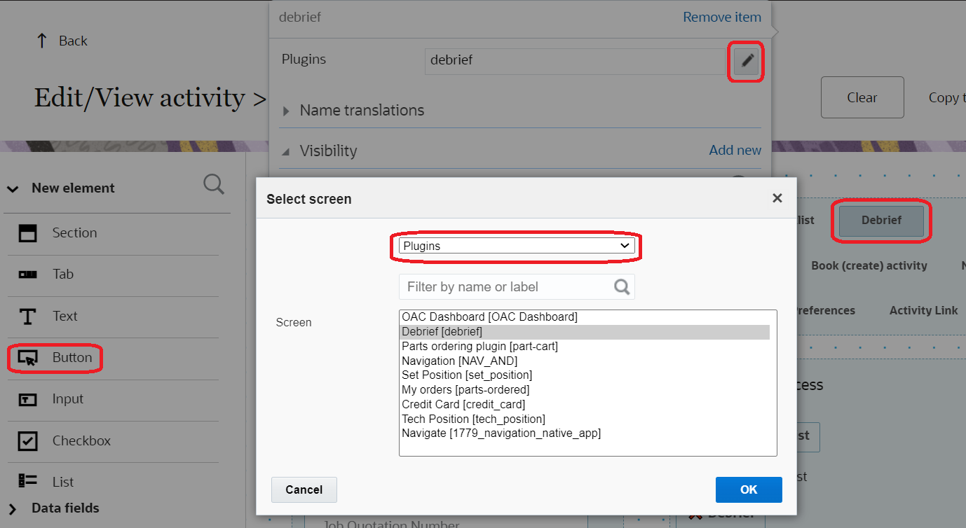 This screenshot shows the Visual Form Editor page, where a plug-in is added to a Button element.